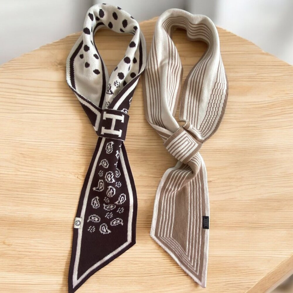 Set Of 2 Luxe Knit Twilly Scarves Brown Tan, Ivory NWOT